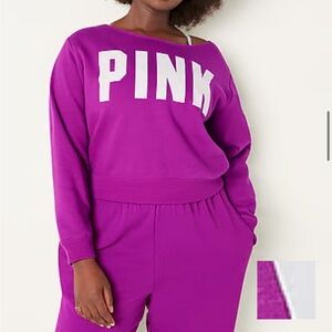 Victoria Secret PINK FLEECE CROPPED SWEATSHIRT off shoulder Logo Sz L